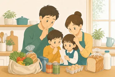 キッチンでスーパーのレシートを見ながら食費について話し合う家族の様子