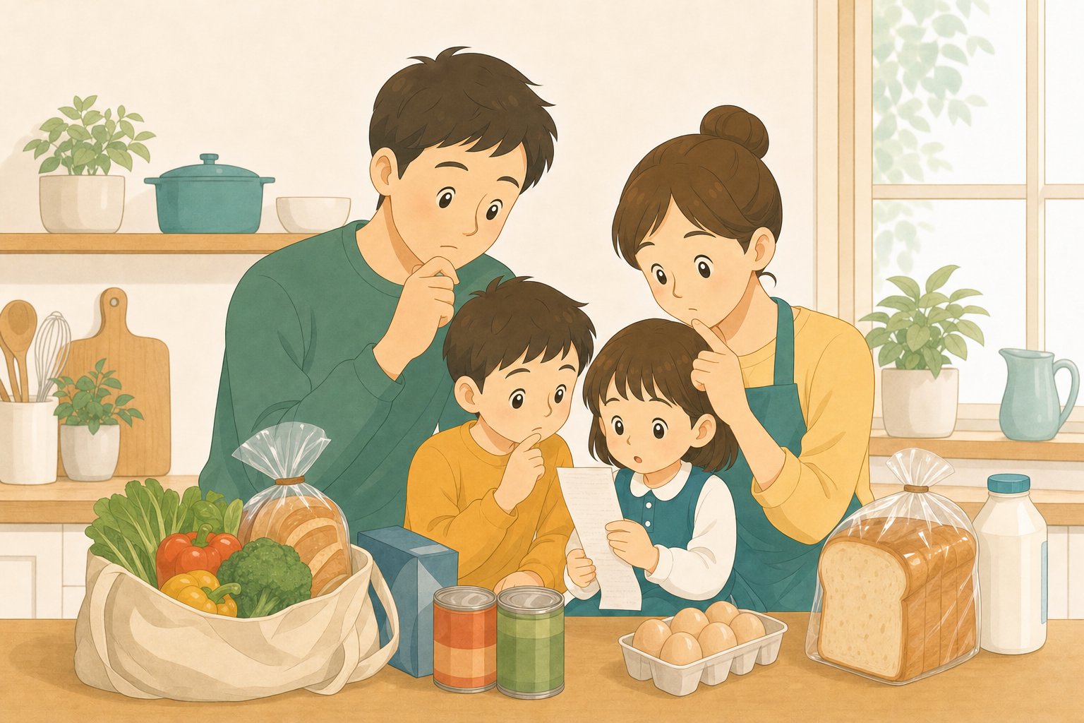 キッチンでスーパーのレシートを見ながら食費について話し合う家族の様子