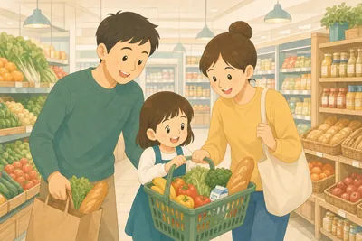 スーパーで一緒に買い物をする家族の様子