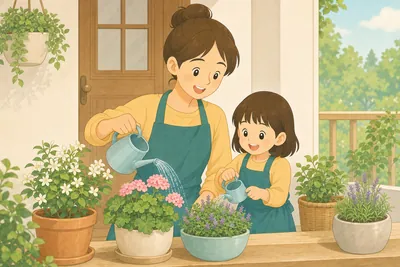 玄関先やベランダで鉢植えの花に水をやる親子の様子