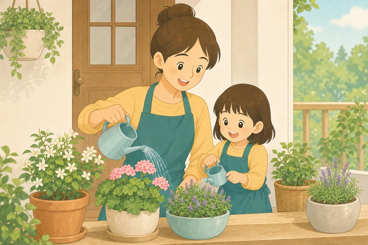 玄関先やベランダで鉢植えの花に水をやる親子の様子