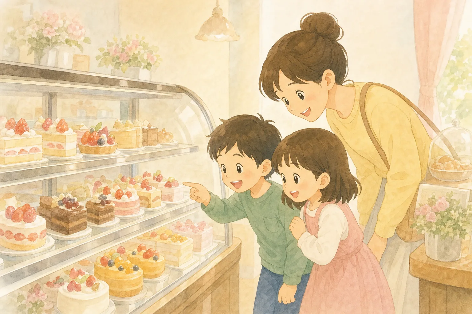 洋菓子店のショーケースをのぞき込む母親と子ども2人の様子