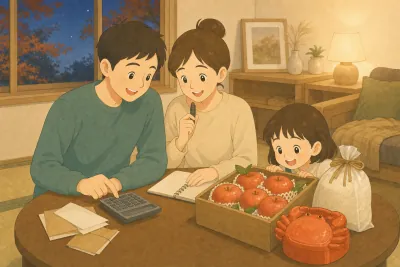 秋の夜のリビングで、夫婦が電卓と封筒を前に笑顔で相談し、テーブルにはりんごの箱や米袋、かにの形の箱が並ぶ。女の子がりんごをのぞき込んでいる