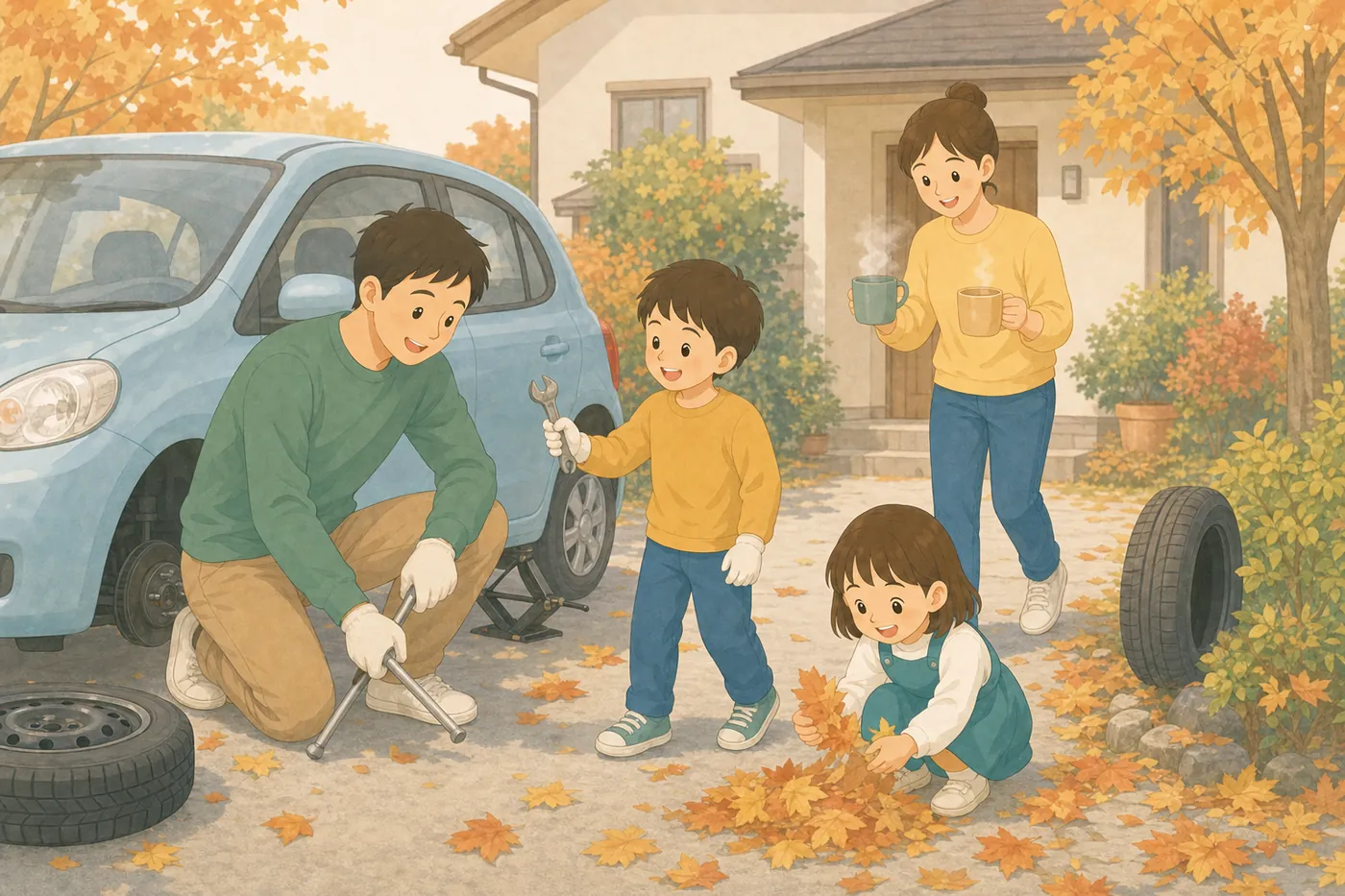 晩秋の朝、自宅の駐車場で父親が車のタイヤ交換をし、子どもが工具を手渡し、母親が温かい飲み物を持ってきて、もう一人の子どもが落ち葉を集めている様子
