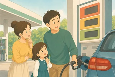 ガソリンスタンドの前で家族が車の給油について話し合う様子