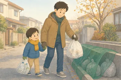 初冬の朝の住宅街で、コート姿の父親がごみ袋をネットのかかった集積所に運び、隣で子どもがペットボトルの袋を持って歩いている様子