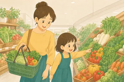 スーパーで食材の値段を確認しながら買い物する母親と子ども