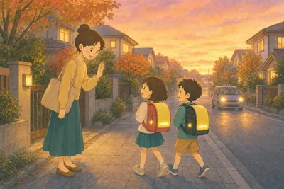 夕焼けの住宅街で、反射材つきのランドセルを背負った姉と弟が歩道を帰ってきて、角で待っていた母親が手を振って迎え、遠くの車がライトをつけて走っている様子