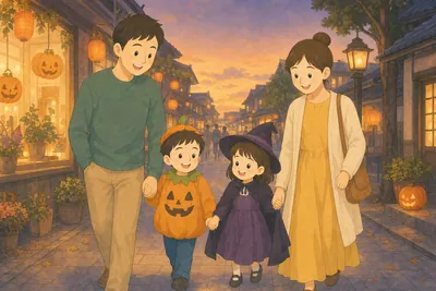 夕暮れのハロウィーンの街角で、かぼちゃの仮装の男の子と魔女の仮装の女の子が両親とそれぞれ手をつなぎ、ランタンの灯る商店街を寄り添って歩いている様子