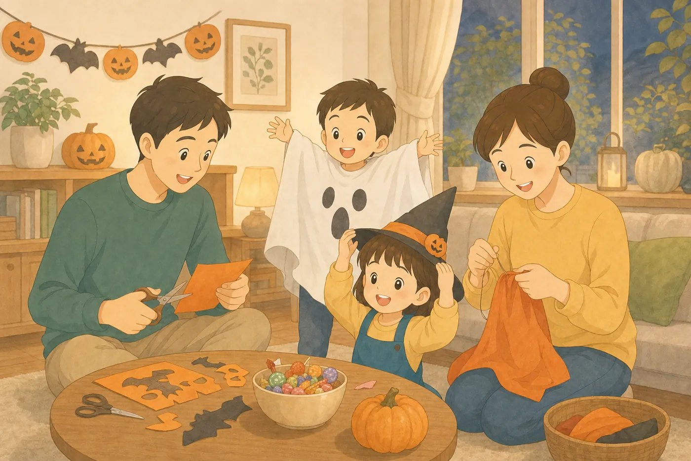 ハロウィンの飾りつけをしたリビングで、お化けの仮装の男の子と魔女の帽子の女の子のそばで、父親が紙の飾りを切り、母親が衣装を縫っている様子