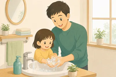 洗面所で親子が一緒にていねいに手洗いをする様子