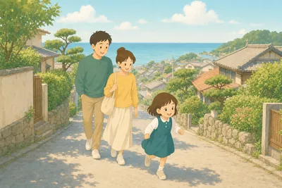 海が見える坂道の町を家族で散歩する様子