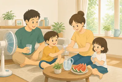 夏の室内で水分補給をしながら涼み、体調を気づかう家族の様子