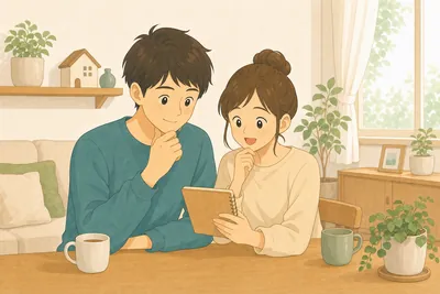 リビングでノートを見ながら住まいの計画を話し合う夫婦