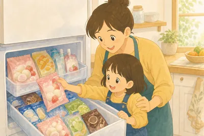 冷凍庫からアイスクリームを取り出す子どもとそばで見守る親の様子