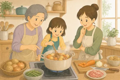 あたたかな台所で、祖母が肉じゃがの作り方を娘と孫に教え、孫が踏み台に乗って鍋をかき混ぜている様子