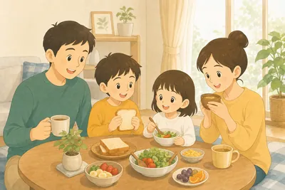 家族4人が朝の食卓を囲んでいる様子