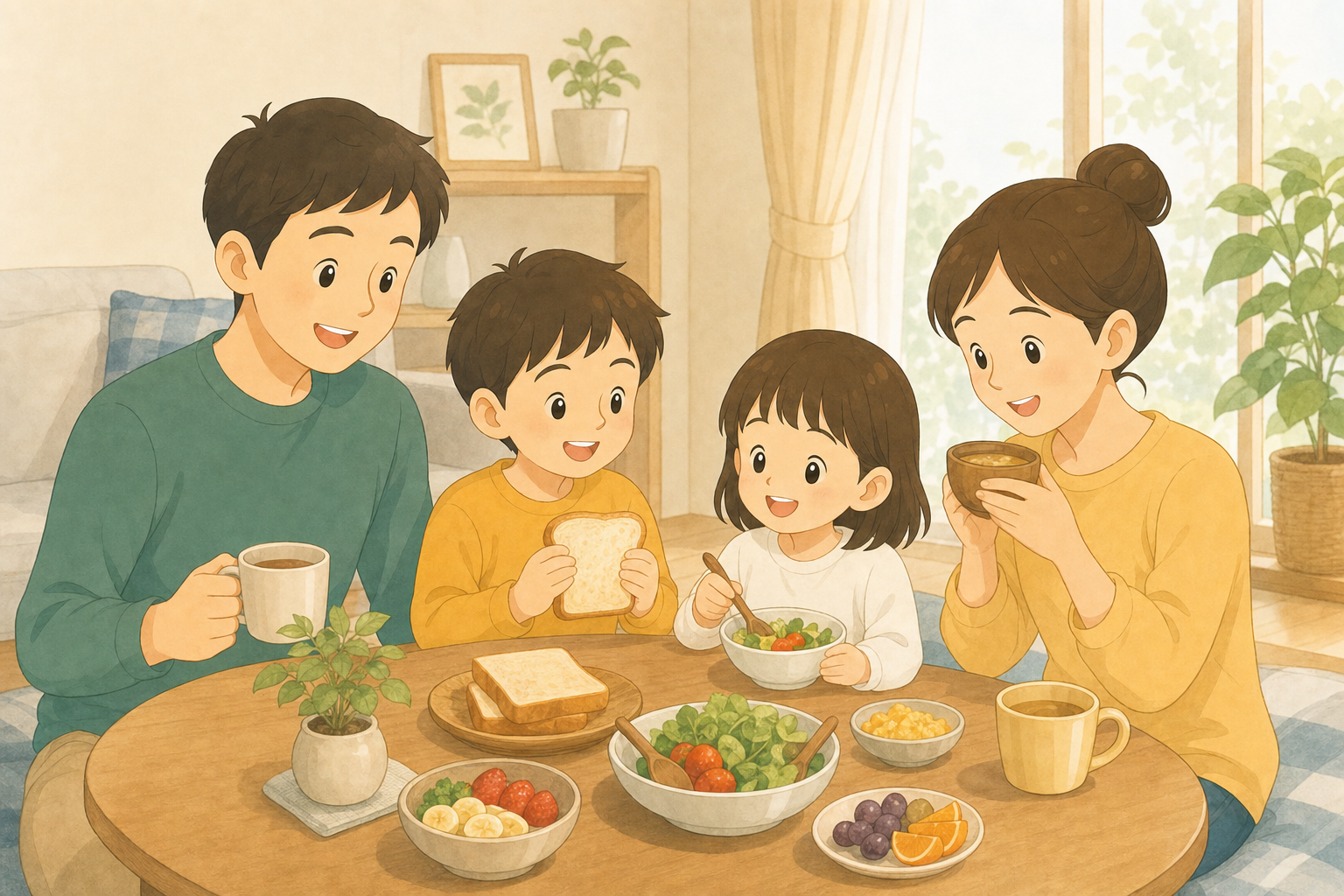 家族4人が朝の食卓を囲んでいる様子