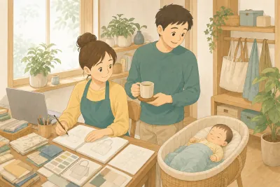 日の差し込む自宅の仕事部屋で、布見本とスケッチを広げた机で働く母親が、そばのかごで眠る赤ちゃんを見つめ、父親がお茶を運んでくる様子