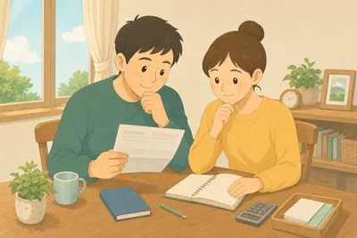 リビングで給与明細を見ながら家計について話し合う夫婦の様子