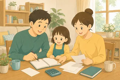 リビングのテーブルで年収や家計表を見ながら話し合う家族の様子
