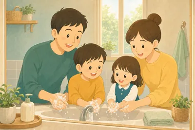家族で手洗いをして健康管理をする様子