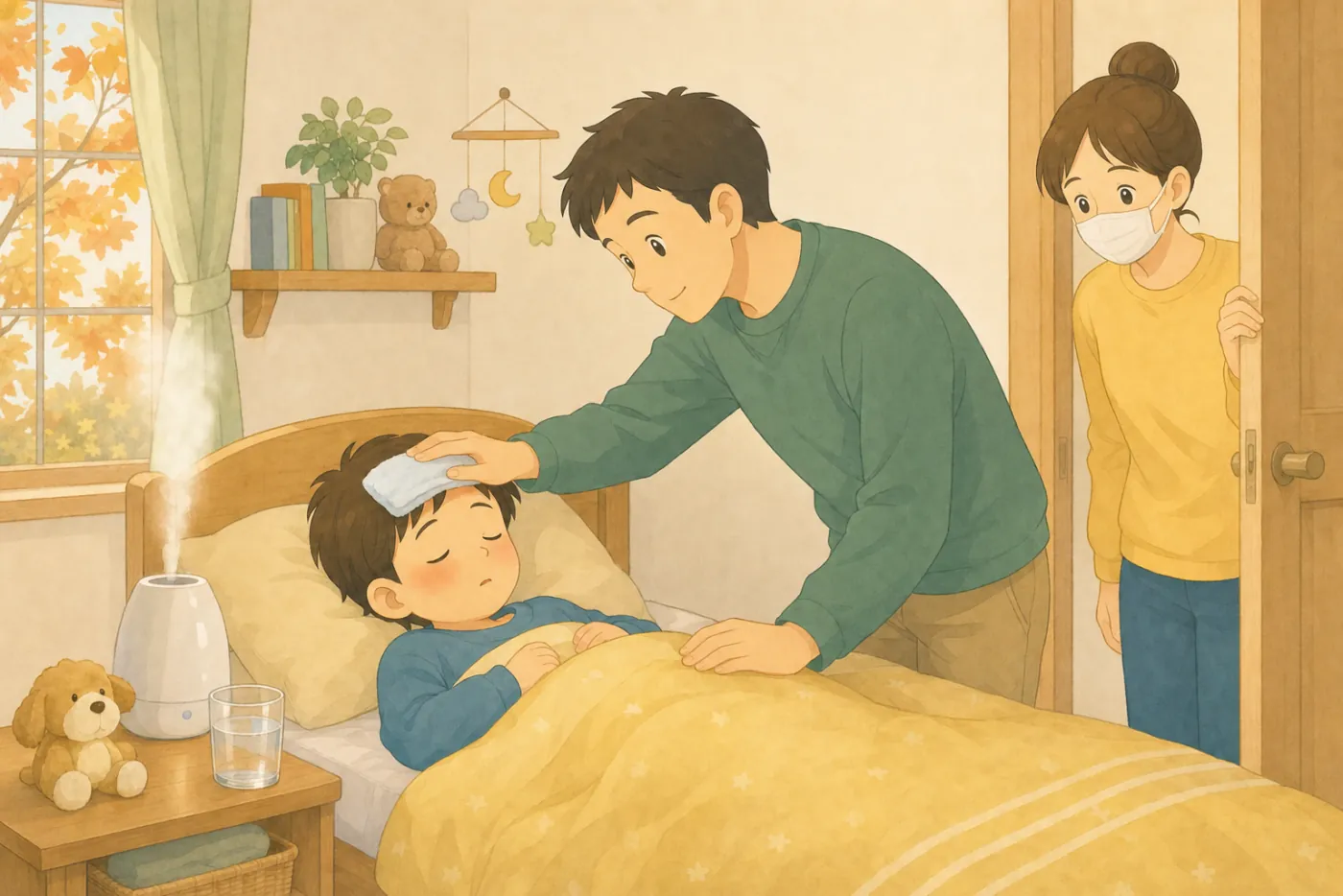 秋の子ども部屋で、熱のある男の子がベッドで休み、父親が額に冷たいタオルをのせている。加湿器から湯気が上がり、マスク姿の母親が戸口からのぞいている
