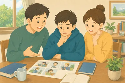 リビングで子どもの進路や仕事について話し合う家族の様子