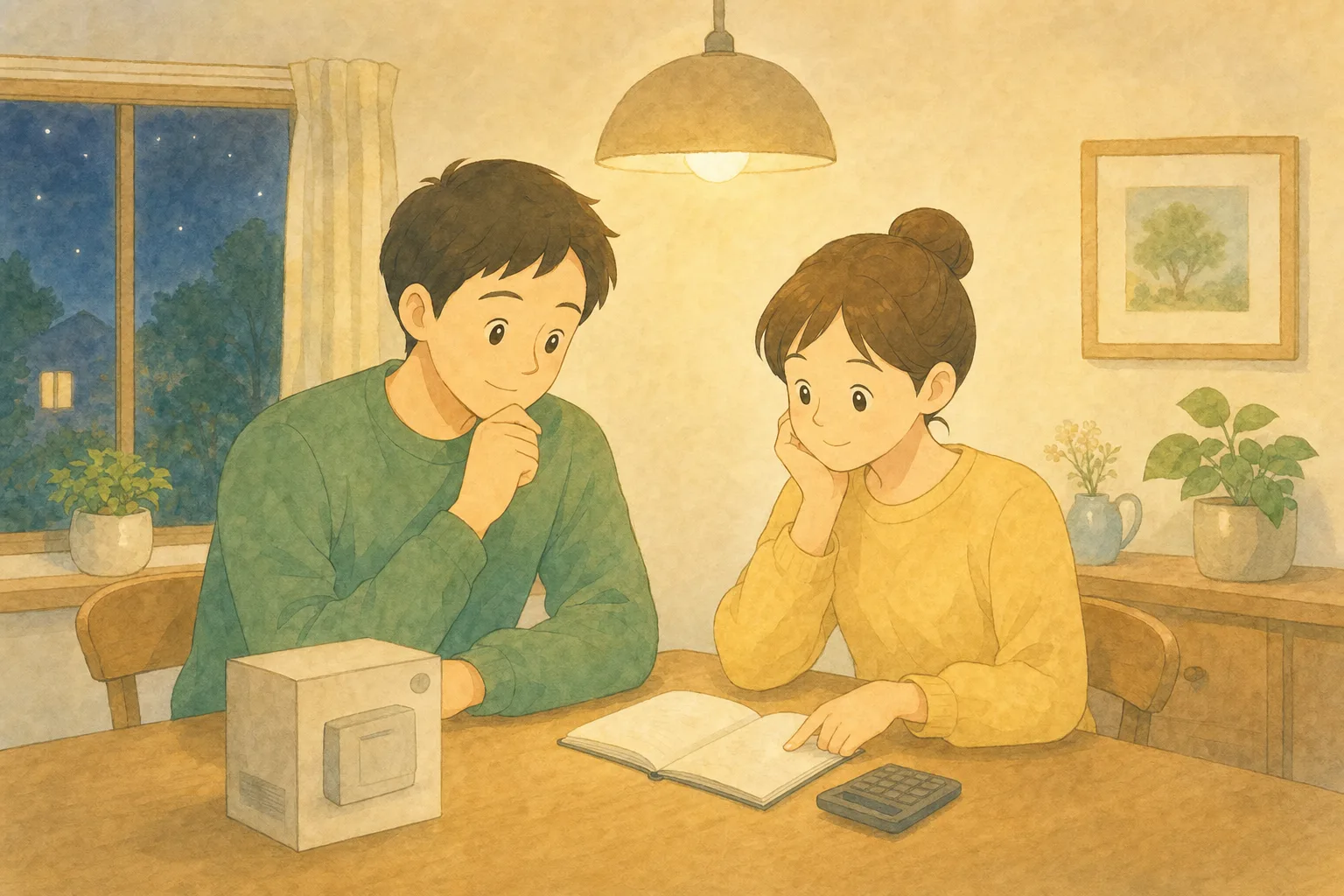夜のダイニングテーブルで、機器の箱を前にノートと電卓を見ながら話し合う夫婦の様子