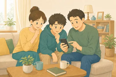 リビングで家族がスマートフォンを見ながら買い替えを相談する様子