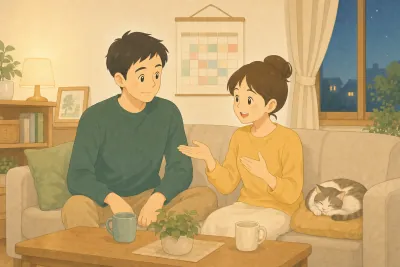 夜のリビングのソファで、妻が手ぶりを交えて話し、夫がうなずきながら聞いている。後ろの壁にはカレンダーが掛かり、クッションの上で猫が眠っている