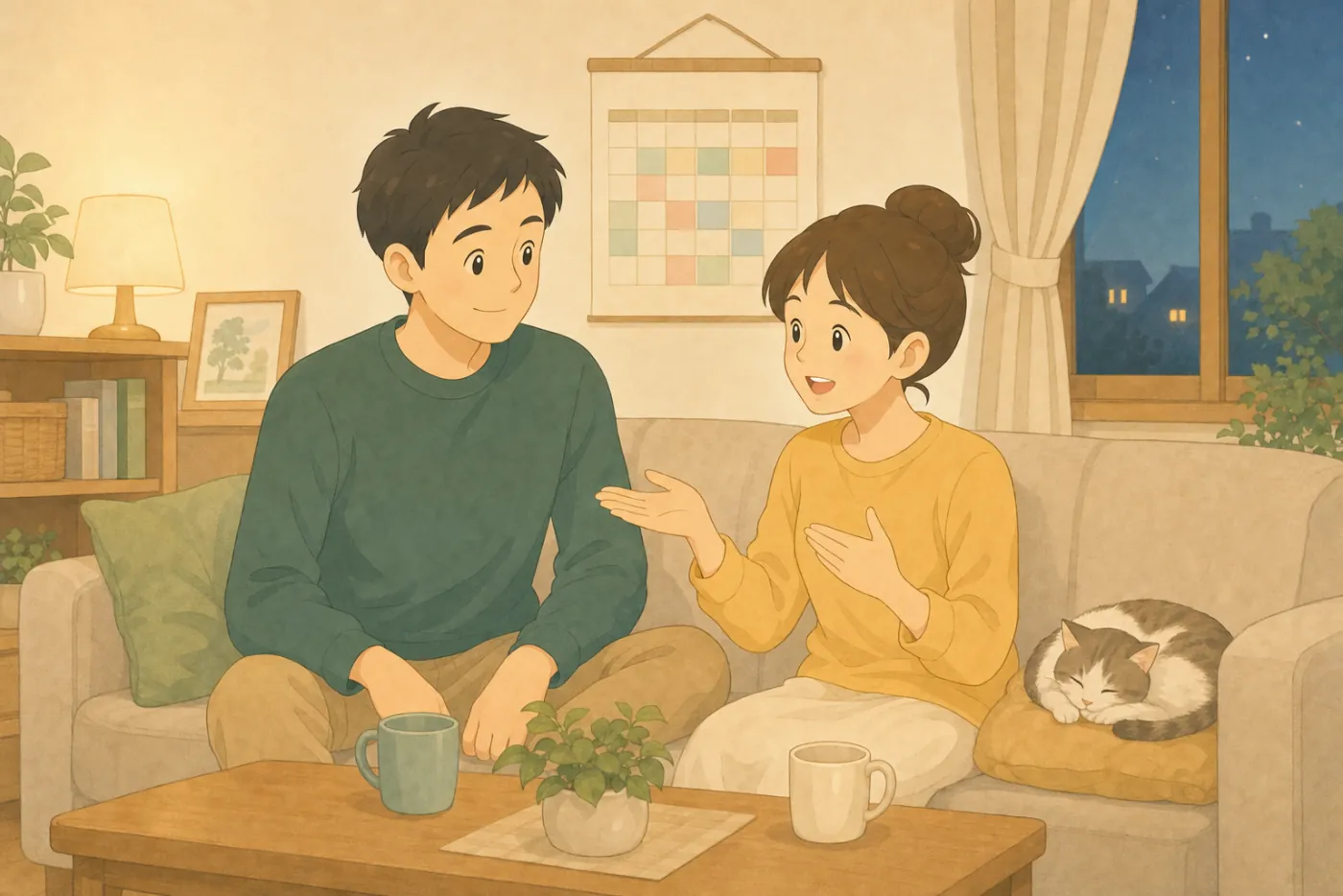 夜のリビングのソファで、妻が手ぶりを交えて話し、夫がうなずきながら聞いている。後ろの壁にはカレンダーが掛かり、クッションの上で猫が眠っている