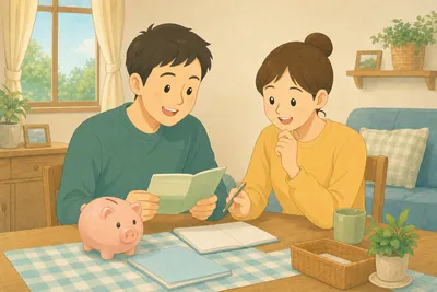 リビングで通帳や資料を見ながらお金の置き場所を相談する夫婦の様子