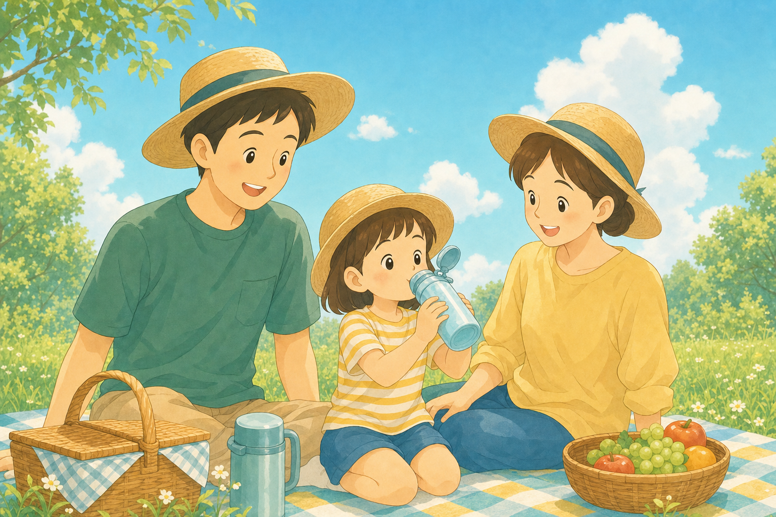 夏の青空の下で帽子をかぶって水分補給をする家族の様子