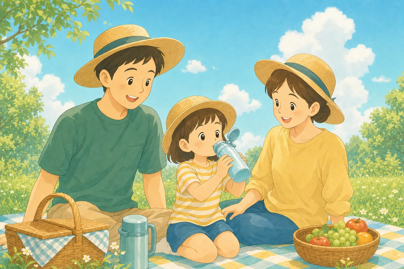 夏の青空の下で帽子をかぶって水分補給をする家族の様子
