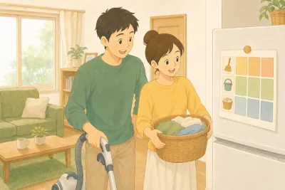 休日の朝のリビングで、掃除機を持った夫と洗濯かごを抱えた妻が、冷蔵庫に貼った家事の分担表を一緒に見ている様子