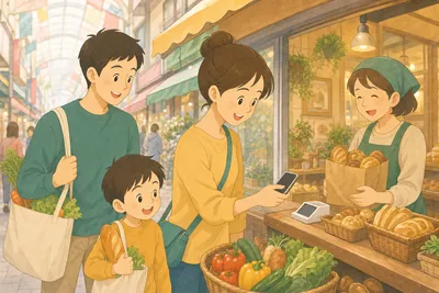 地元の商店街でスマートフォンを使ってキャッシュレス決済をする家族の様子