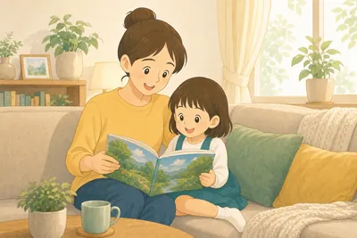絵本を読み聞かせる親と楽しそうに聞く子どもの様子