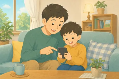 親子で一緒にスマートフォンの使い方やルールを確認する様子