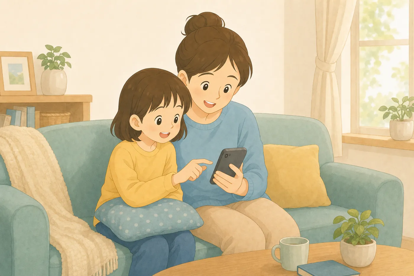 リビングで子どもと一緒にスマートフォンの使い方を話し合う親子の様子