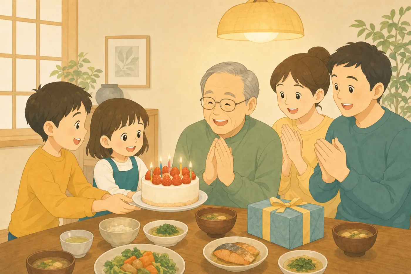 食卓で、子ども2人がろうそくの立ったいちごのケーキを祖父に運び、両親が拍手している誕生日のお祝いの様子