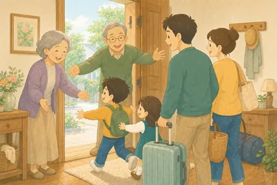 帰省先で祖父母と孫が再会して喜ぶ様子