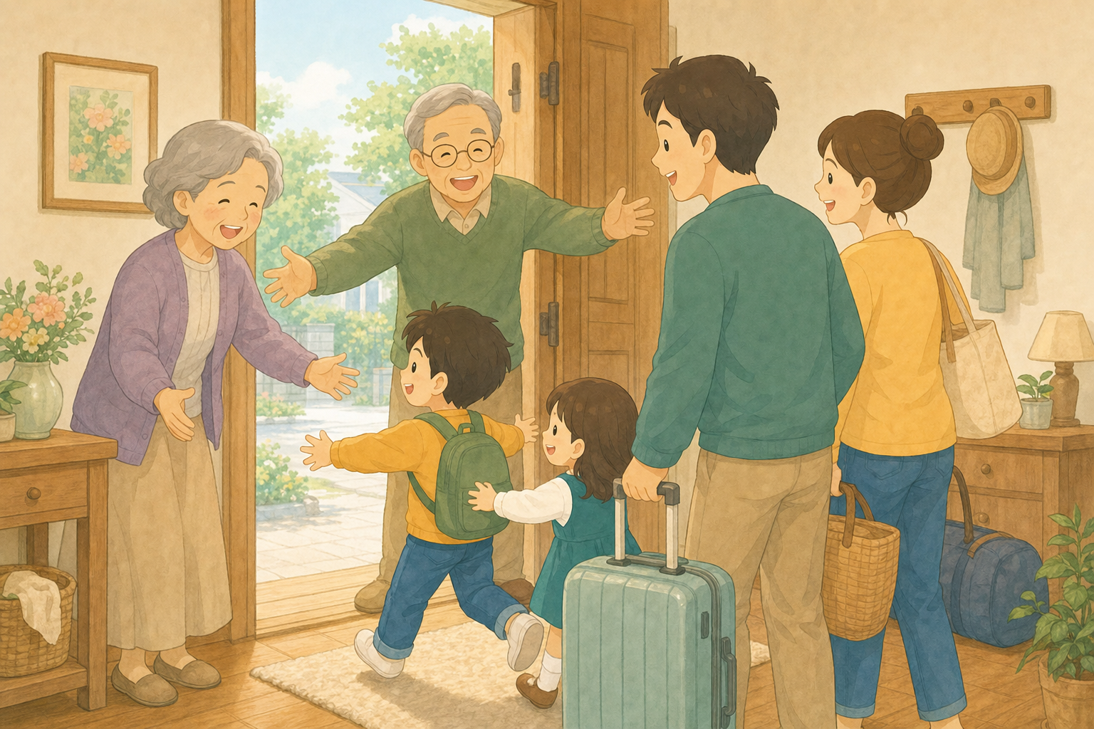 帰省先で祖父母と孫が再会して喜ぶ様子