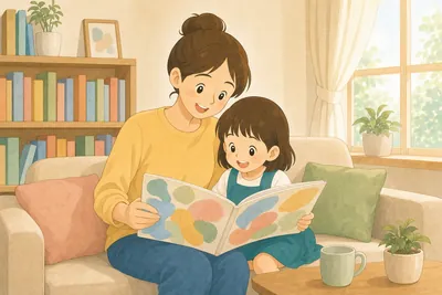本棚の前で親子がマンガのお気に入りのシーンを一緒に探している様子