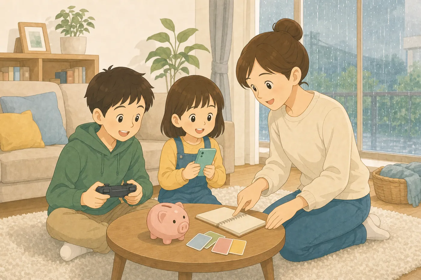 雨の日のリビングで、ゲームのコントローラーを持つ男の子とスマートフォンを持つ女の子に、母親がひざをついてノートを指しながら話しかけ、テーブルにはブタの貯金箱とカードが置かれている様子