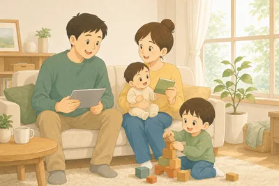 週末の明るいリビングで、ソファの両親がタブレットと小さな冊子を手に話し合い、母親のひざに赤ちゃん、床では幼い男の子が積み木で遊んでいる様子