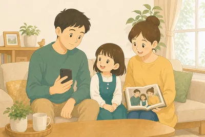 明るいリビングのソファで、スマートフォンを持った父親と小学生の娘が話している。隣で母親が家族の写真が貼られたアルバムを開いて笑っている
