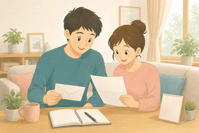 リビングのテーブルで届いた納付書を見ながら話し合う夫婦の様子
