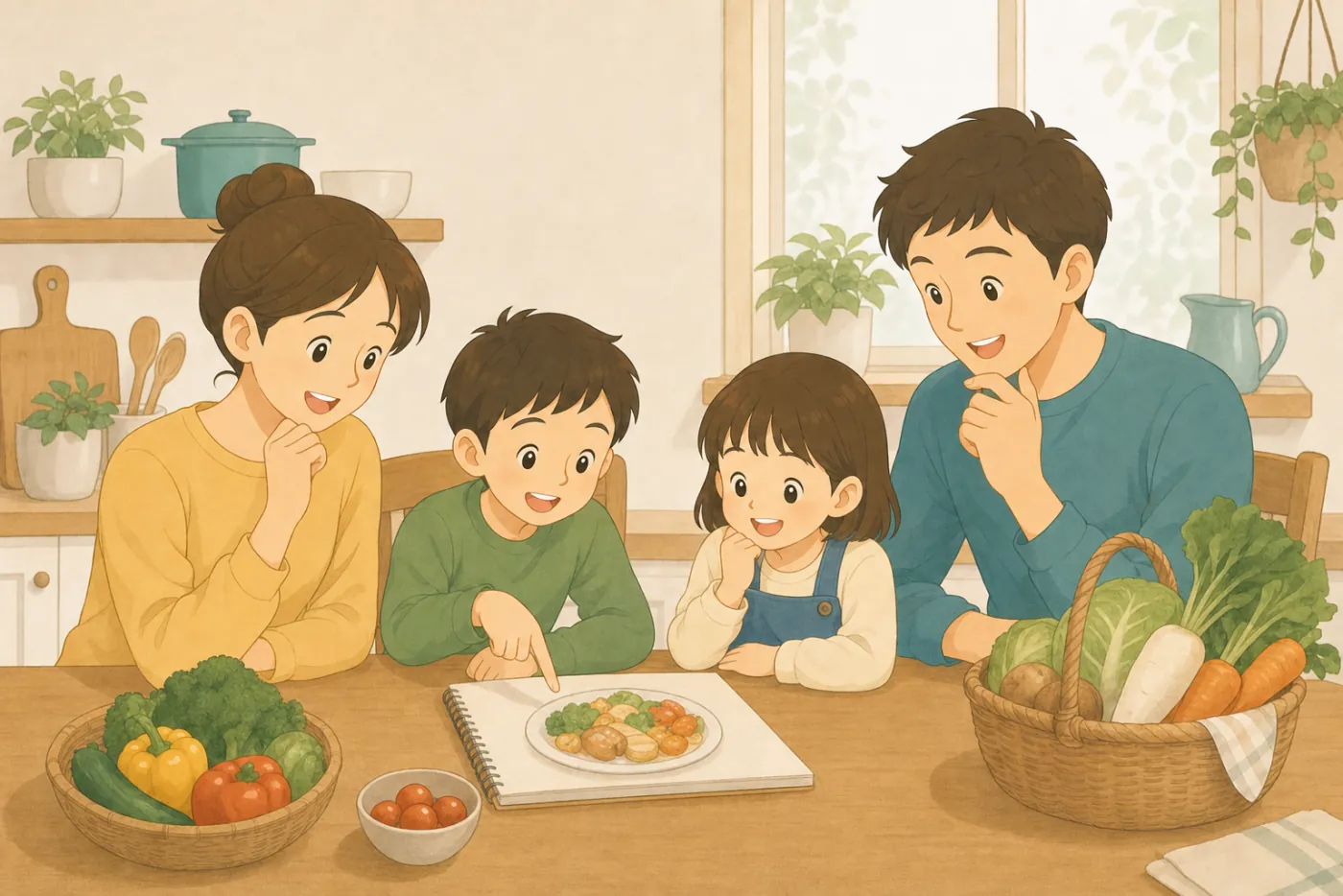 明るいダイニングテーブルで、両親と子ども2人が料理の絵が描かれたノートを囲み、野菜のかごを前に今週の献立を話し合っている様子