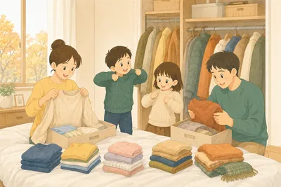 秋の週末の寝室で、母親が収納ケースにしまう服を整理し、父親が冬物のニットを取り出し、子ども2人がセーターを着て喜び、ベッドの上には家族ごとに分けた服の山が並んでいる様子
